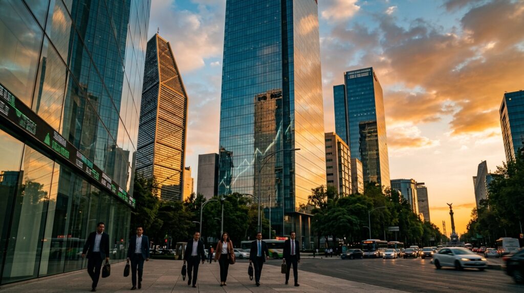 Distrito financiero de Paseo de la Reforma en Ciudad de México al atardecer, con rascacielos de cristal y un ticker bursátil iluminado, ilustrando el ecosistema de la Bolsa Mexicana de Valores