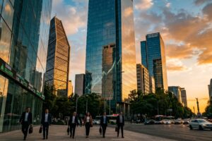Distrito financiero de Paseo de la Reforma en Ciudad de México al atardecer, con rascacielos de cristal y un ticker bursátil iluminado, ilustrando el ecosistema de la Bolsa Mexicana de Valores