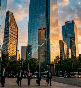 Distrito financiero de Paseo de la Reforma en Ciudad de México al atardecer, con rascacielos de cristal y un ticker bursátil iluminado, ilustrando el ecosistema de la Bolsa Mexicana de Valores