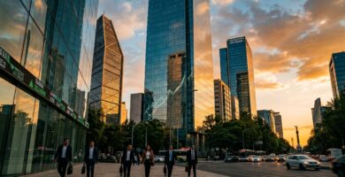 Distrito financiero de Paseo de la Reforma en Ciudad de México al atardecer, con rascacielos de cristal y un ticker bursátil iluminado, ilustrando el ecosistema de la Bolsa Mexicana de Valores