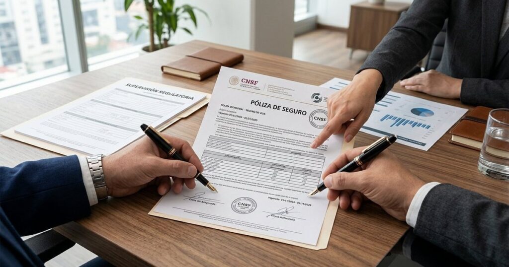 Escritorio profesional con póliza de seguro oficial mostrando sellos regulatorios CNSF, manos de profesionales revisando documentación y plumas listas para firmar contrato de aseguradora en México