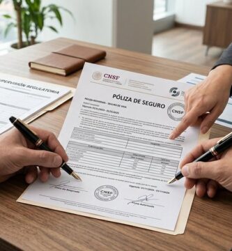 Escritorio profesional con póliza de seguro oficial mostrando sellos regulatorios CNSF, manos de profesionales revisando documentación y plumas listas para firmar contrato de aseguradora en México