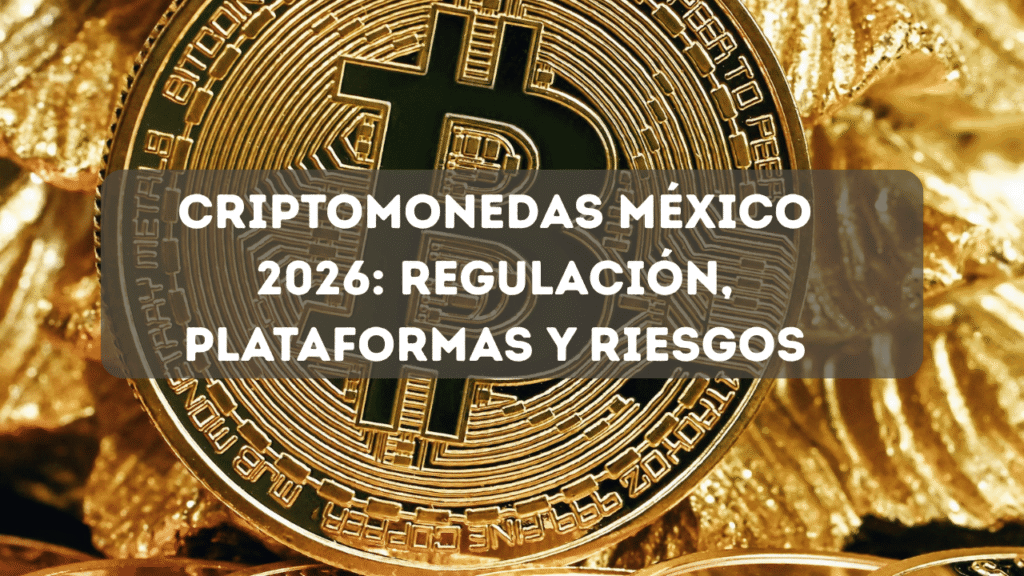 Moneda física de Bitcoin sobre fondo de monedas, ilustrando la inversión en criptomonedas en el contexto regulatorio mexicano de 2026