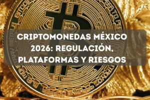 Moneda física de Bitcoin sobre fondo de monedas, ilustrando la inversión en criptomonedas en el contexto regulatorio mexicano de 2026