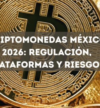 Moneda física de Bitcoin sobre fondo de monedas, ilustrando la inversión en criptomonedas en el contexto regulatorio mexicano de 2026