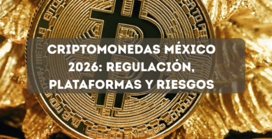 Moneda física de Bitcoin sobre fondo de monedas, ilustrando la inversión en criptomonedas en el contexto regulatorio mexicano de 2026