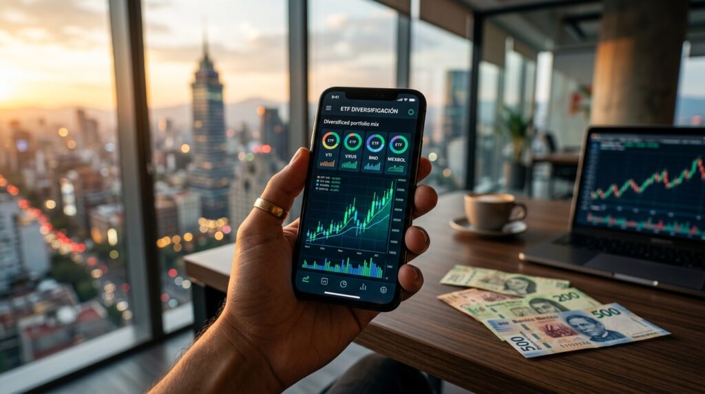 Mano sosteniendo un smartphone con dashboard de inversión en ETFs, con la Ciudad de México al atardecer al fondo y billetes mexicanos sobre la mesa — representa la accesibilidad de los ETFs para inversionistas en México.