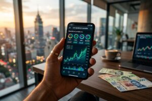 Mano sosteniendo un smartphone con dashboard de inversión en ETFs, con la Ciudad de México al atardecer al fondo y billetes mexicanos sobre la mesa — representa la accesibilidad de los ETFs para inversionistas en México.