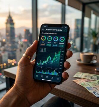 Mano sosteniendo un smartphone con dashboard de inversión en ETFs, con la Ciudad de México al atardecer al fondo y billetes mexicanos sobre la mesa — representa la accesibilidad de los ETFs para inversionistas en México.