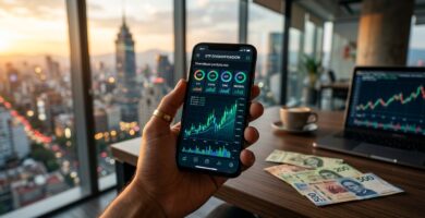 Mano sosteniendo un smartphone con dashboard de inversión en ETFs, con la Ciudad de México al atardecer al fondo y billetes mexicanos sobre la mesa — representa la accesibilidad de los ETFs para inversionistas en México.