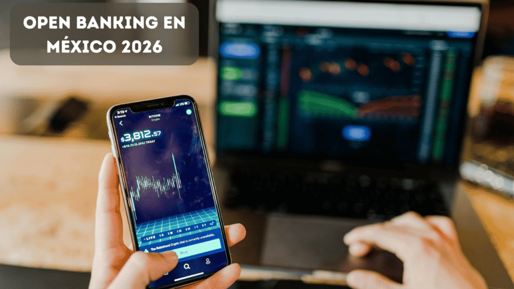Persona usando smartphone y laptop al mismo tiempo para gestionar sus finanzas digitales en México