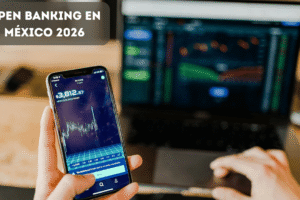 Persona usando smartphone y laptop al mismo tiempo para gestionar sus finanzas digitales en México