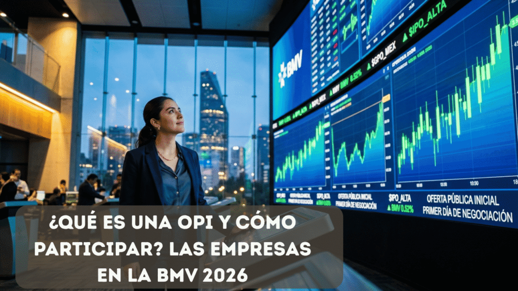 Profesional mexicana frente a pantallas de la BMV mostrando gráficas de una Oferta Pública Inicial en su primer día de negociación