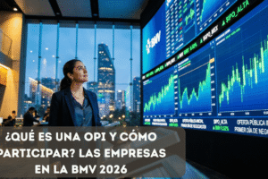 Profesional mexicana frente a pantallas de la BMV mostrando gráficas de una Oferta Pública Inicial en su primer día de negociación