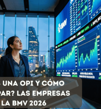 Profesional mexicana frente a pantallas de la BMV mostrando gráficas de una Oferta Pública Inicial en su primer día de negociación