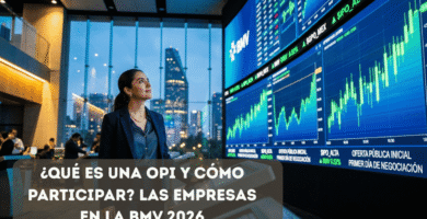 Profesional mexicana frente a pantallas de la BMV mostrando gráficas de una Oferta Pública Inicial en su primer día de negociación
