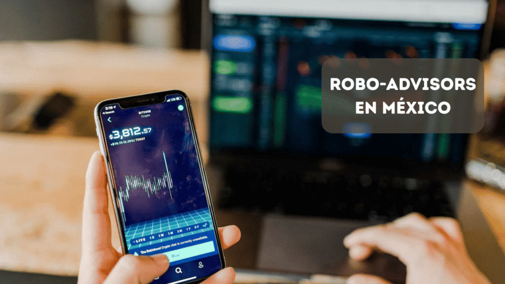 Pantalla con gráficas financieras y curvas de rendimiento que ilustran la gestión automatizada de portafolios por robo-advisors en México