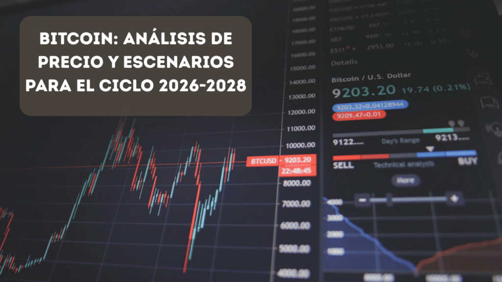 Pantalla con el gráfico de precio de Bitcoin en una plataforma de análisis técnico, que ilustra los escenarios del ciclo 2026-2028