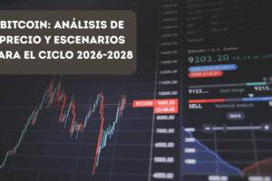 Pantalla con el gráfico de precio de Bitcoin en una plataforma de análisis técnico, que ilustra los escenarios del ciclo 2026-2028