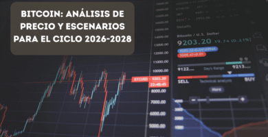 Pantalla con el gráfico de precio de Bitcoin en una plataforma de análisis técnico, que ilustra los escenarios del ciclo 2026-2028