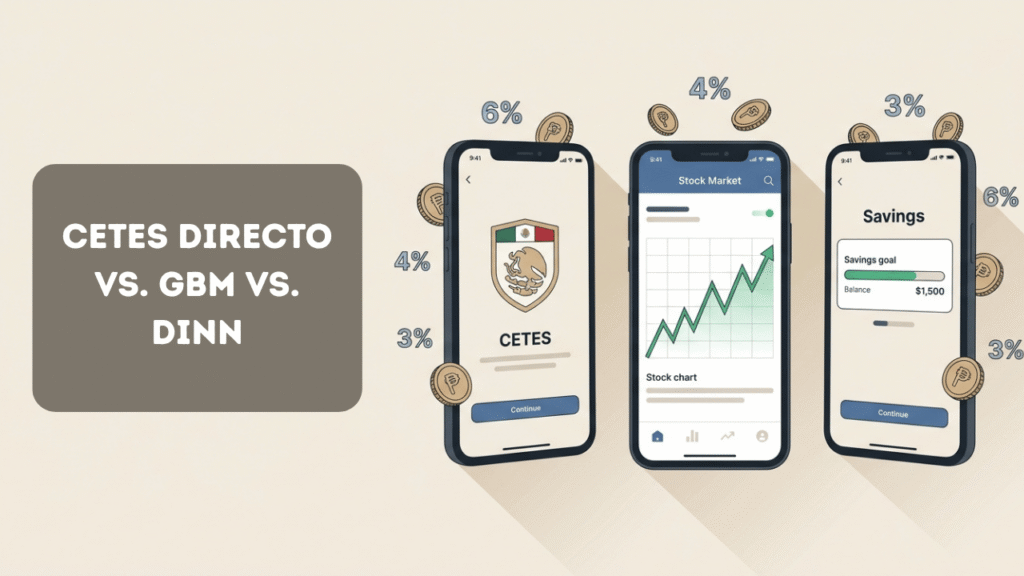 Tres smartphones mostrando interfaces de Cetes Directo, GBM y Dinn junto a monedas de peso mexicano, comparativa de plataformas de inversión en México 2026