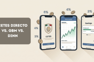 Tres smartphones mostrando interfaces de Cetes Directo, GBM y Dinn junto a monedas de peso mexicano, comparativa de plataformas de inversión en México 2026
