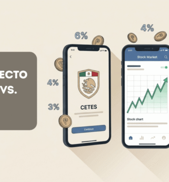 Tres smartphones mostrando interfaces de Cetes Directo, GBM y Dinn junto a monedas de peso mexicano, comparativa de plataformas de inversión en México 2026