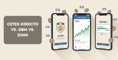Tres smartphones mostrando interfaces de Cetes Directo, GBM y Dinn junto a monedas de peso mexicano, comparativa de plataformas de inversión en México 2026