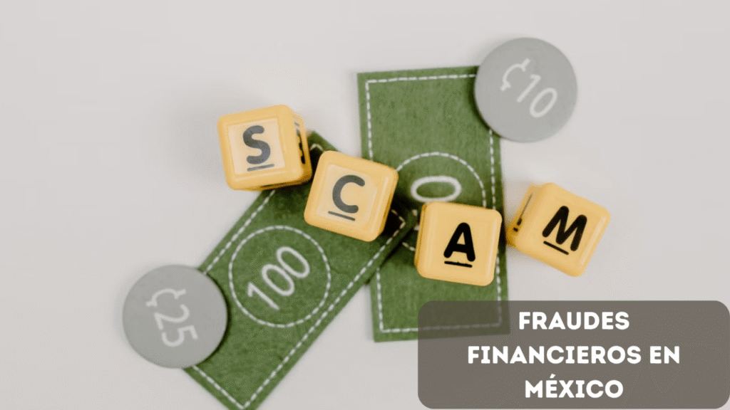 Dados amarillos que forman la palabra Scam sobre billetes, ilustrando una estafa o fraude financiero de inversión