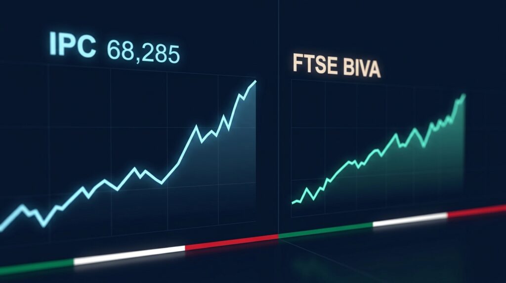 Gráficas del IPC (68,285 puntos) y el FTSE BIVA mostrando tendencia alcista en el mercado bursátil mexicano