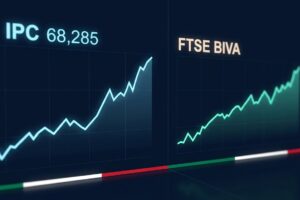 Gráficas del IPC (68,285 puntos) y el FTSE BIVA mostrando tendencia alcista en el mercado bursátil mexicano