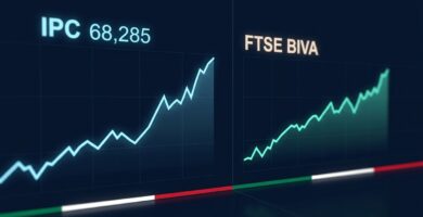 Gráficas del IPC (68,285 puntos) y el FTSE BIVA mostrando tendencia alcista en el mercado bursátil mexicano