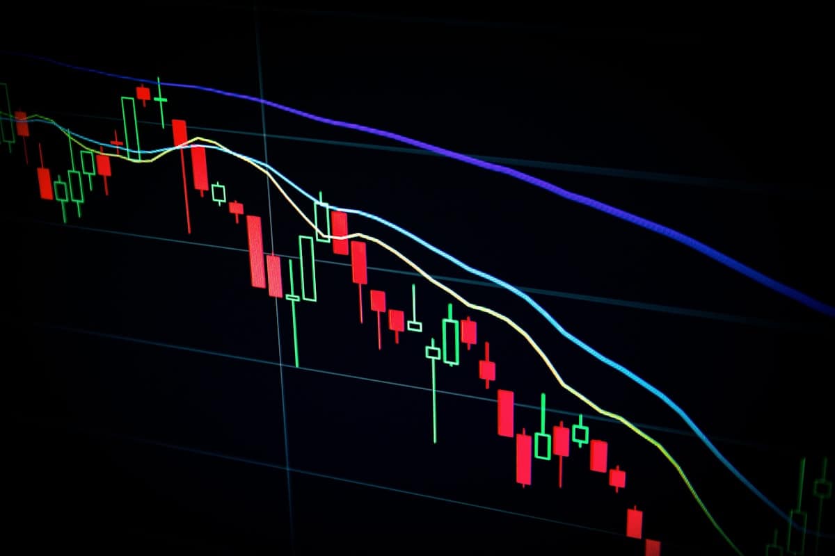 Gráfico de velas japonesas del mercado financiero en una pantalla, que representa el análisis técnico de los escenarios de precio de Bitcoin