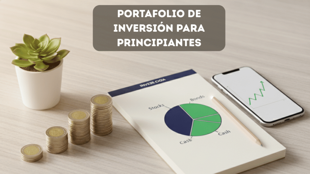 Monedas apiladas en columnas crecientes junto a gráficas financieras que representan el crecimiento de un portafolio de inversión para principiantes en México