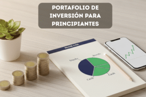 Monedas apiladas en columnas crecientes junto a gráficas financieras que representan el crecimiento de un portafolio de inversión para principiantes en México