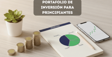 Monedas apiladas en columnas crecientes junto a gráficas financieras que representan el crecimiento de un portafolio de inversión para principiantes en México