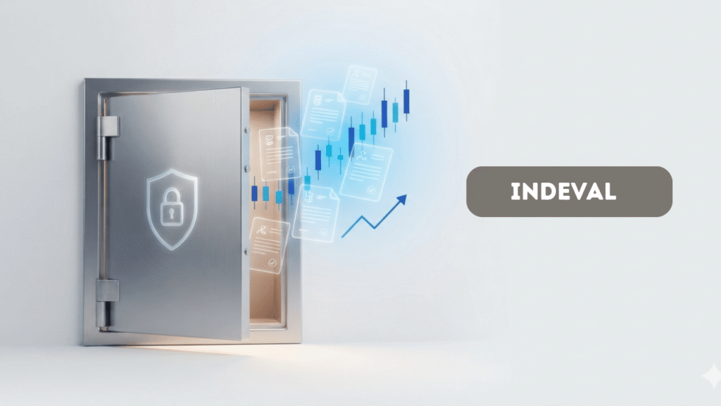 Bóveda de seguridad moderna entreabierta que resguarda certificados de acciones y valores como hologramas digitales, símbolo de la custodia de valores en INDEVAL