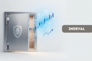 Bóveda de seguridad moderna entreabierta que resguarda certificados de acciones y valores como hologramas digitales, símbolo de la custodia de valores en INDEVAL