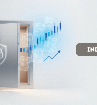 Bóveda de seguridad moderna entreabierta que resguarda certificados de acciones y valores como hologramas digitales, símbolo de la custodia de valores en INDEVAL