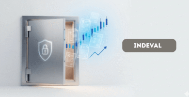 Bóveda de seguridad moderna entreabierta que resguarda certificados de acciones y valores como hologramas digitales, símbolo de la custodia de valores en INDEVAL