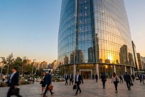 Torre de cristal de una institución financiera al atardecer con ejecutivos cruzando la plaza, que ilustra el mundo bursátil que ayuda a ordenar la AMIB