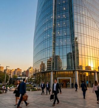 Torre de cristal de una institución financiera al atardecer con ejecutivos cruzando la plaza, que ilustra el mundo bursátil que ayuda a ordenar la AMIB