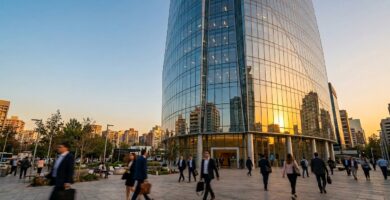 Torre de cristal de una institución financiera al atardecer con ejecutivos cruzando la plaza, que ilustra el mundo bursátil que ayuda a ordenar la AMIB