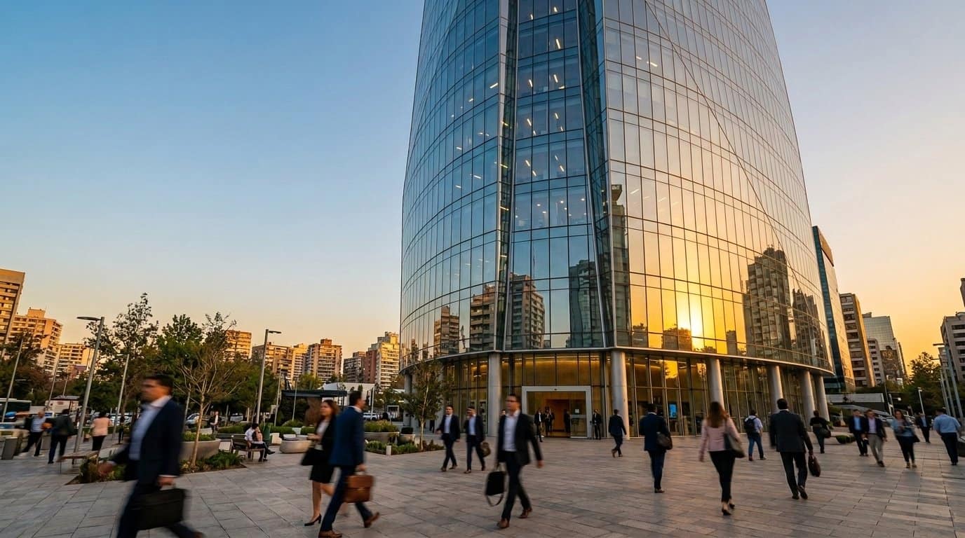 Torre de cristal de una institución financiera al atardecer con ejecutivos cruzando la plaza, que ilustra el mundo bursátil que ayuda a ordenar la AMIB
