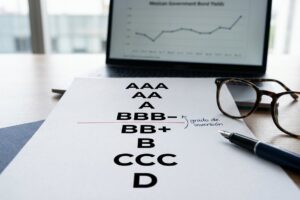 Reporte impreso con la escala de calificaciones de AAA a D y una línea roja que marca la frontera del grado de inversión entre BBB menos y BB más, sobre el escritorio de un analista financiero