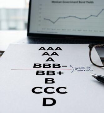 Reporte impreso con la escala de calificaciones de AAA a D y una línea roja que marca la frontera del grado de inversión entre BBB menos y BB más, sobre el escritorio de un analista financiero