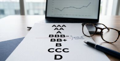 Reporte impreso con la escala de calificaciones de AAA a D y una línea roja que marca la frontera del grado de inversión entre BBB menos y BB más, sobre el escritorio de un analista financiero