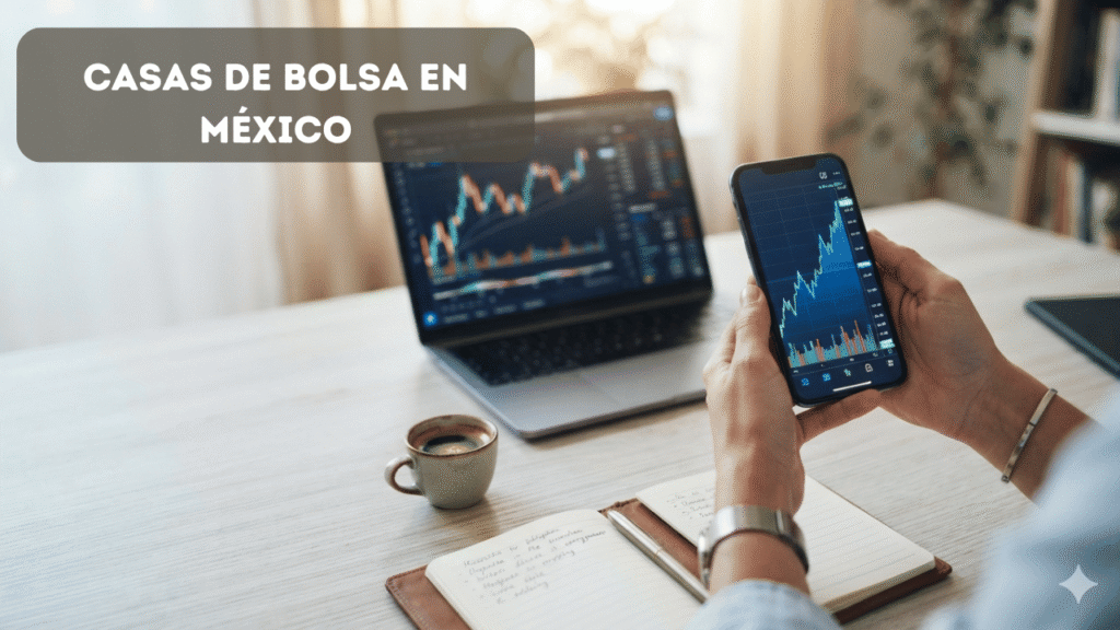 Inversionista comparando una app de inversión y el mercado de valores para elegir casa de bolsa en México