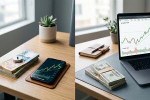 Billetes de pesos mexicanos con un celular mostrando una gráfica y billetes de dólares con una laptop, ilustrando la decisión de comprar ETFs desde México en pesos o en dólares