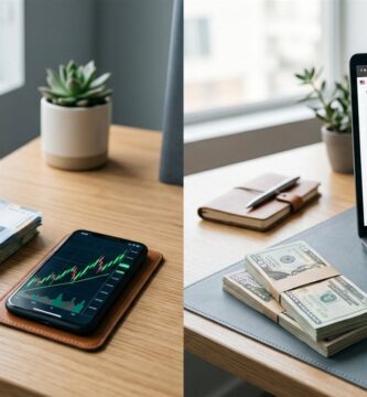 Billetes de pesos mexicanos con un celular mostrando una gráfica y billetes de dólares con una laptop, ilustrando la decisión de comprar ETFs desde México en pesos o en dólares